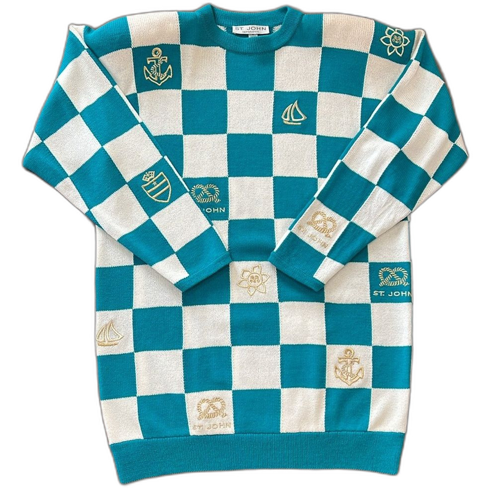 Vintage St John Nautical Sweater Gold Embroidered Anchor Checkered Knit USA L